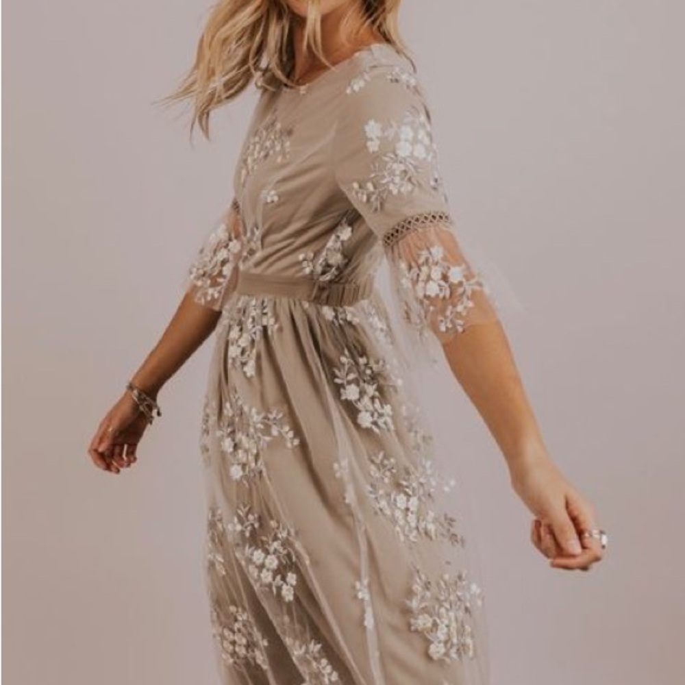 Elegant Floral Embroidered Dress in Tan